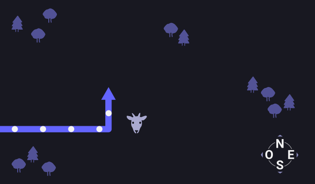 Visualisation simple d'un itinéraire qui dévie sur la gauche, avec quelques icones représentant les arbres de la forêt, une ligne représentant le chemin parcouru, et une tête d'animal en obstacle.