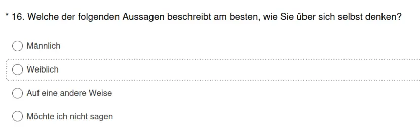 Frage in einer Umfrage: "Welche der folgenden Aussagen beschreibt am besten, wie Sie über sich selbst denen?" Als Antwort gibt es Männlich, Weiblich, Auf eine andere Weise und Möchte ich nicht sagen.