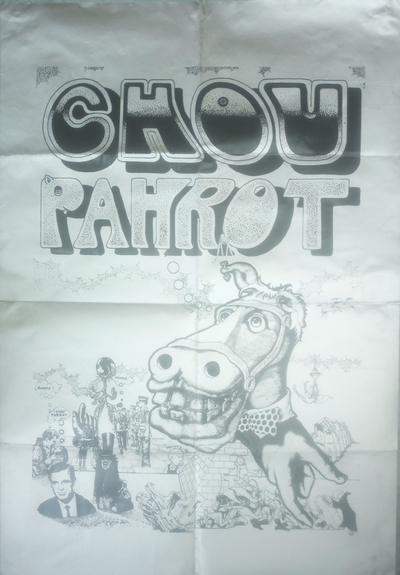 Silver poster with folds and crumpled corners, showing the title Chou Pahrot and a prominent pantomime horse, with Oor Wullie, Cary Grant and other images at the base.