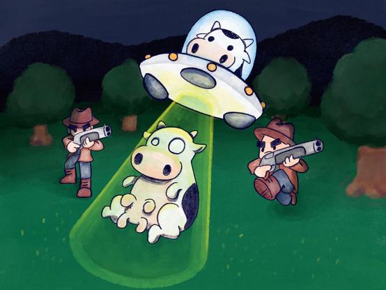 Am illustration of a cow being abducted by an UFO piloted by another cow.