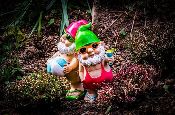 This image shows two garden gnome statues in a garden setting. The gnomes are dressed in bright, colorful beach-themed outfits. One gnome is holding a beach ball, and the other is holding a drink. Both are wearing sunglasses and sandals, and they are surrounded by plants and soil.