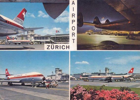 There are four images to this postcard and they all show airplanes at different angles at the airport. One, in the far upper corner is at night. The rest are daytime.