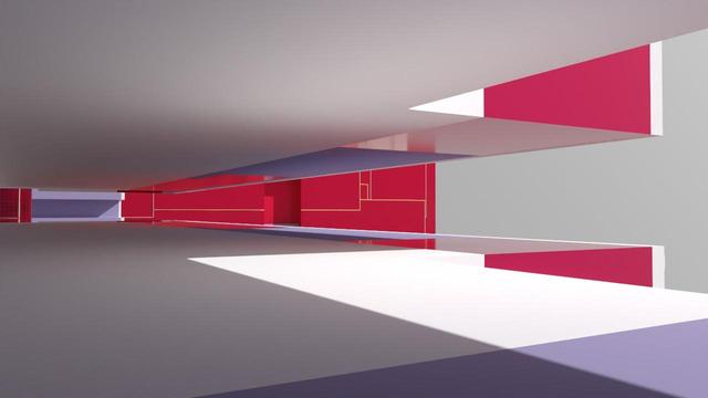 Abstract white floor with a low ceiling open onto a grey sky, with a red greebled wall in the background. The sun light bounces reflecting the purple wall colours in places. Some floors and ceilings are highly polished, reflective copper. 
Voxel scene procedurally generated and path traced in Avoyd.
