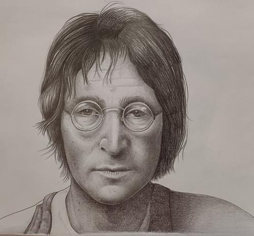 Close-up of John Lennon's face, wearing glasses, on a neutral background