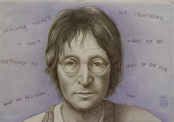 Close-up of John Lennon's face, wearing glasses, on a colored background with some verses from Imagine
