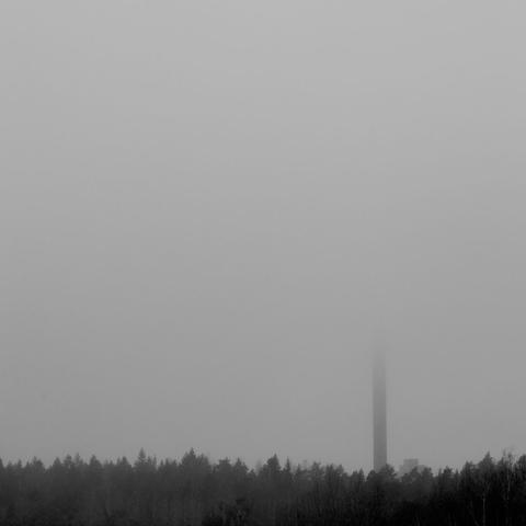 A black and white tower rising in the distance, disappearing in the fog. Tree tops at the foreground