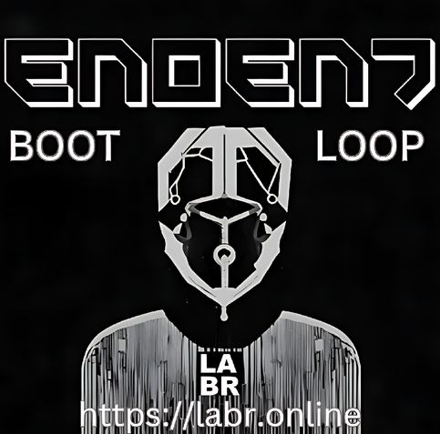 BOOT LOOP - Black and white. Black Background with white accents around Enoent's name. The words boot loop in capitals under that. A picture of a figures shaped into a person. The labr logo in black & white "black background, & white letters" on the persons shirt right under their collar. And the website under that. https://labr.online
