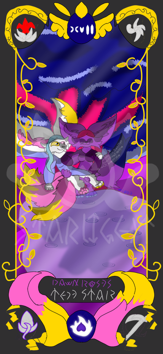 In front of a spring and tree, a purple fox is holding a white one who has 3 pink and gold tails, they both look happy.