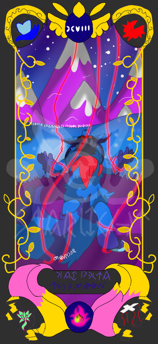 A blue wolf howling at the moon as red strings wrap around his joints.