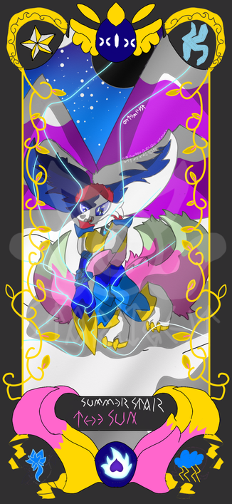 Donned in purple armor, a 3 tailed white fox swings a scythe downward as lightning is transferred through it.