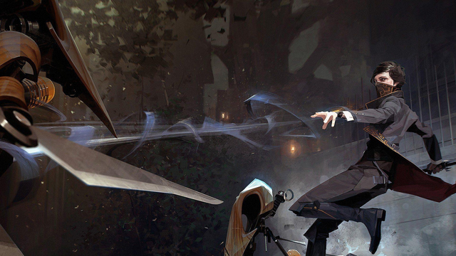 Emily Kaldwin throws her dark vine power to a corner of the screen. She has short black hair, a black and gold scarf over her mouth and nose, and wears dark clothes, especially a black and gold jacket. She has a thin sword in her right hand.