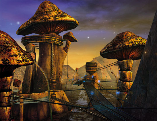 Screenshot from Uru: Ages beyond Myst. It's a surreal place. Under a dark blue and slightly cloudy sky, giant orange mushrooms sprout from a murky lake. Some of them support big structures and huge threaded rods. A walkway hangs between them, bordered with small blue lamps, leading to a water tank and a mechanism in the distance. Yellow spores glow gently as they are carried by the wind. I don't think it would be a great place to visit if you have pollen allergies.