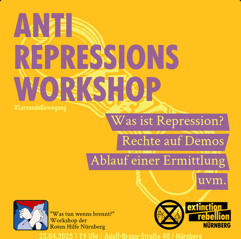 gelbes Sharpic zum Anti-Repressions-Workshop
Was ist Repression?
Rechte auf Demos
Ablauf einer Ermittlung
