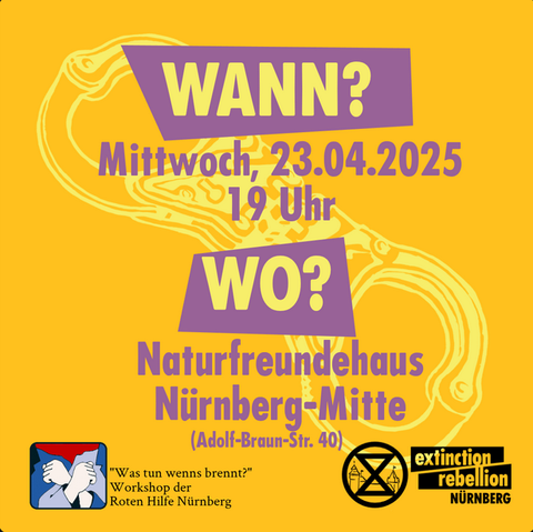 gelbes SharePic zum Termin
WANN?
Mittwoch, 23.04.2025 19 Uhr
WO?
Naturfreundehaus Nürnberg-Mitte
