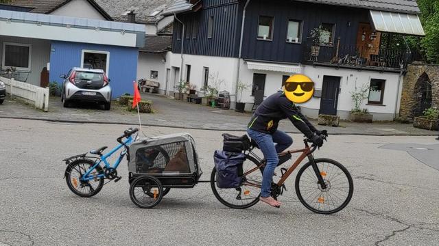 Ein Fahrradfahrer auf einem Gravelbike fährt über eine Straße, an dem Fahrrad ist ein Hundeanhänger mit einem Hund drin, an dem Anhänger ist ein Kinderfahrrad als Nachläufer befestigt.