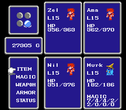 Screenshot of my FF1 game showing one orb lit, three fighters and one black mage at level 15.