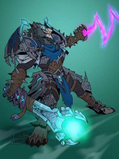 Digital art of a male worgen death knight in blue and silver armor reaching off-screen with a Death Grip spell. He has a big sinister grin on his face, and a large glowing forked sword in his other hand.