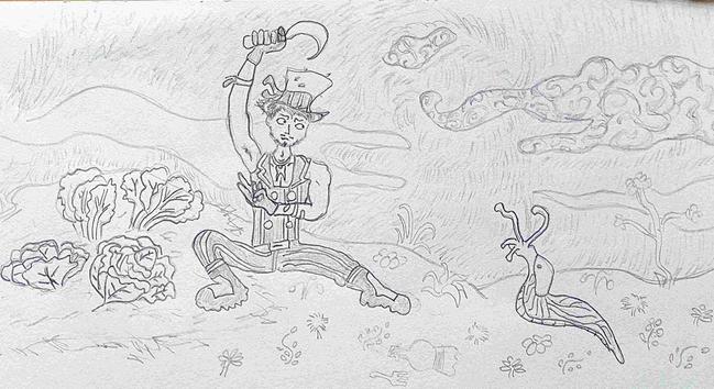 Gribouillis d'un personnage face à une limace géante