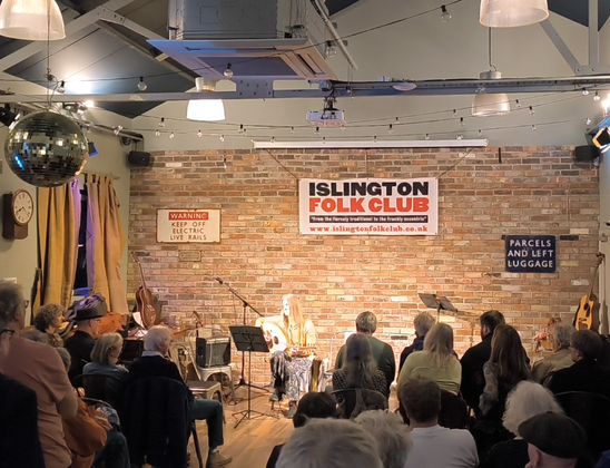 A picture of inside Islington Folk Club. There is a brick wall with train-themed signs on it and a banner reading 'ISLINGTON FOLK CLUB'. There are rows of people on seats (and people standing at the back not pictured) and either side of the room are guitars on stands, amplifiers and music stands. I am in the middle, playing oud.