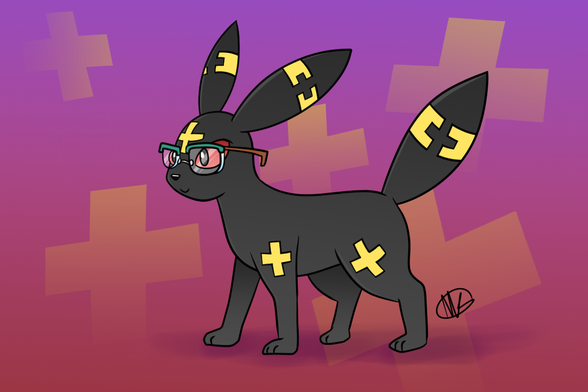 An illustration of the Pokémon Umbreon, which is normally a black cat or fox-like creature with red eyes and yellow rings. But this Umbreon is wearing a pair of nerdy glasses and all of the rings are replaced with plus signs. The background also has some faded plus signs in the background to drive the pun home: Sum plus Umbreon is Sumbreon, who loves mathematics!