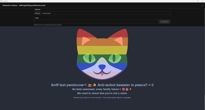 PostyBirb app screenshot showing the Meow site stuck on verifying