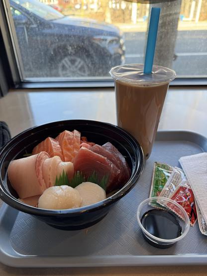 Sashimi poke bowl and bubble tea