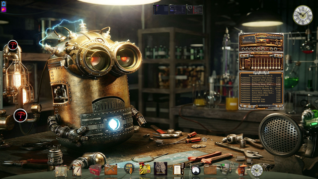 Captura de pantalla de Elive Linux, la imagen de fondo es un diseño digital realista que muestra lo que podría ser el laboratorio de un científico loco, con maquinaria y herramienta que parecería futurista en la era industrial. En el extremo izquierdo de la pantalla, hay tuberías que desembocan en lámparas incandescentes sobre las que se ven indicadores de aguja para medir la cantidad de memoria RAM y la temperatura del CPU (son widgets de Cairo-Dock que en realidad miden esos parámetros de la computadora).

Cerca del centro de la pantalla, pero aún del lado izquierdo hay un robot mediano que parece un Minion, pero hecho de metal, con bujías en la cabeza que transmiten rayos eléctricos entre una y otra. El personaje se encuentra sobre una mesa de trabajo sobre la que hay varias herramientas.

En la parte inferior de la pantalla está Cairo-Dock, con varios elementos mostrados en un tema de iconos de estilo retro-industrial. A la derecha, cubriendo el fondo del laboratorio que tiene estanterías con instrumental de química, se ve la ventana de Audacity, con una piel de Winamp que lo hace parecer un estéreo construido en estilo steampunk, con botones analógicos y válvulas en cada uno de los canales del ecualizador, se está reproduciendo "Steam Machine" de Daft Punk.

En la parte superior central se ven las miniaturas de tres ventanas y en la esquina superior derecha un reloj de pared clásico parecido a la carátula del Big Ben.