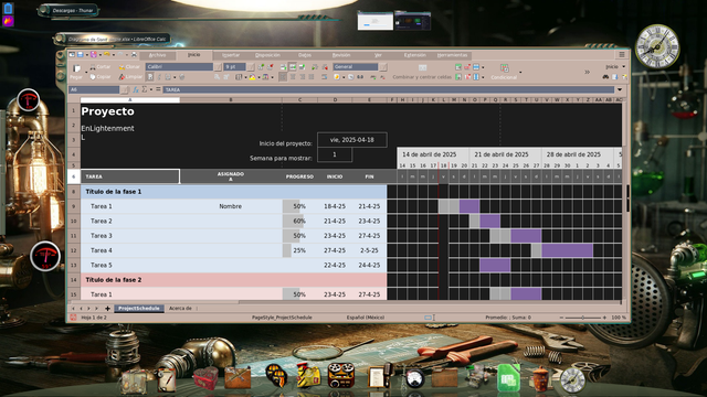 Sobre el mismo escenario, ahora hay una ventana de LibreOffice Calc, con el aspecto CDE/Motif e interfaz en pestañas, el contenido es un diagrama de Gantt. En la parte superior derecha del escritorio se ve una barra de título de una ventana de Thunar, que está recogida. También se aprecian miniaturas de otra ventanas minimizadas en la parte superior central.