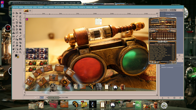 Sobre el mismo escenario, hay una ventana de GIMP, también con el aspecto CDE/Motif, en la que se ve otra captura de pantalla siendo editada. Encima, cerca del borde derecho, se ve Audacity, con una piel de Winamp estilo steampunk.

Debajo, Cairo Dock está mostrando el widget de accesos directos, del que se despliega un sub-dock que tiene varias carpetas con diferentes emblemas, están organizadas de forma radial.