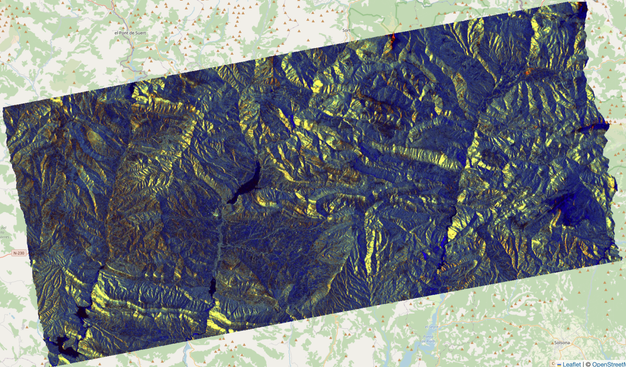 Color SAR image without terrain flattening where the backscattering of mountains dominates.