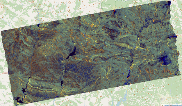 Color SAR image without terrain flattening where the we can see more polarimetric information because the influence of terrain has been removed.