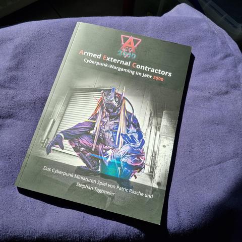 Das Frontcover des AEC2090 Regelbuches. Es zeigt einen hockenden Cyberpunk vor einem industriellen Rolltor.