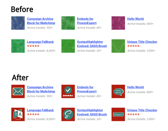 Comparison of the logos of some of my plugin. At the top, the "Before" version with randomly generated images. Below, the "After" version with custom-made logos for the plugins.