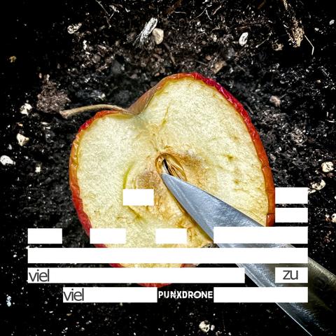 Cover zum Release "Viel zu viel". In feuchter Erde liegt ein halbierter Apfel, die Schnittstelle ist bereits einige Tage alt. Eine Messerschneide liegt auf der Apfelhälfte. Die untere Hälfte des Bildes ist mit weißen Textstörern unterlegt, in denen die Worte "Viel zu viel" zu finden sind. Das Küstlerlogo von Punxdrone steht mittig in der untersten Zeile.