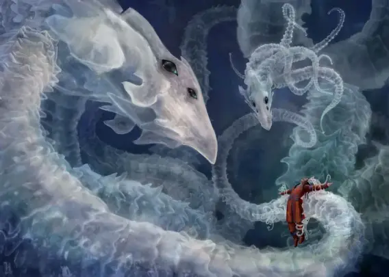 A fantasy illustration. It shows a person being caressed by giant spectral creatures that resemble jellyfish with animal skull heads. The person lies or floats, being propped up by one of the many segmented arms of the largest spirit in the scene, and is surrounded by a handful of much smaller spirits that try to do the same but are to small to make a difference. The mood is serene, playful and surreal.
