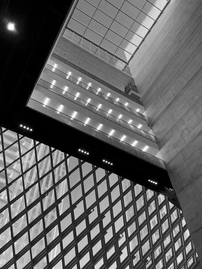Black and white photo of a building atrium. To the lower left there is a large window consisting of a metal latticework frame fitted with diamond shaped panes of glass. Above this are four more building levels - each one edged with a metal railing - and a straightforward glass skylight. A smooth reinforced concrete wall defines the space on the right.