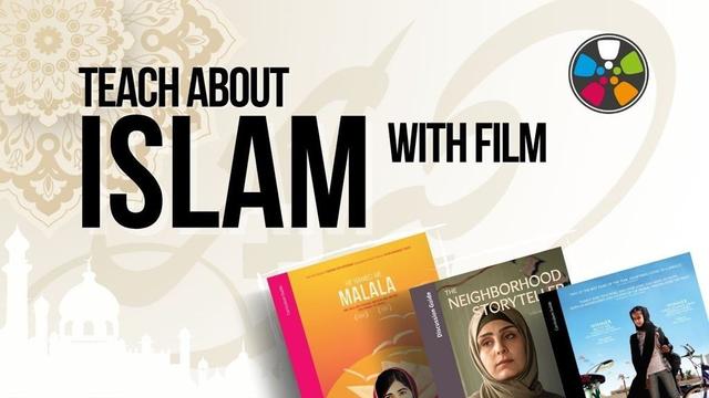 Dark text over a light background says: "Teach about Islam With Film". At the bottom there are Journeys in Film Lesson Plans for He Named Me Malala, The Neighborhood Storyteller, and Wadjda. The Journeys in Film logo is in the top right.