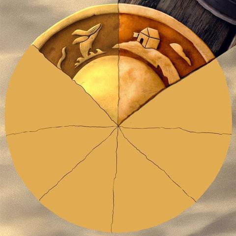 A picture of a gold-coloured circle, on a sandy background. The circle, a coin, is divided into eight segments, six of which are covered up but now two visible. The first section shows a slightly battered part circle in the middle, then a tarnished-looking section with a whale breaching above the waves. To the right of this, continuing on to the next section of the coin, a simple image of a tavern on a small patch of land, with a lone cloud in the sky behind it. This eighth is shown on a tatty wooden table.