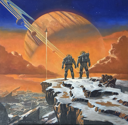 Oil painting, two astronauts standing on Titans surface.