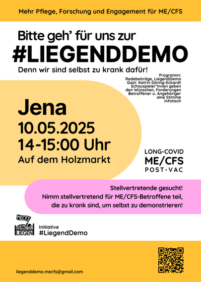 Plakat für die Liegend-Demo in Jena am 10.05.2025 um 14 Uhr auf dem Holzmarkt.