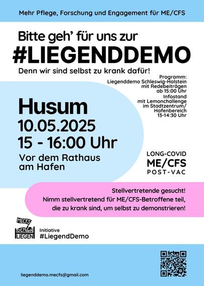 Plakat für die Liegend-Demo in Husum am 10.05.2025 um 15 Uhr vor dem Rathaus am Hafen.