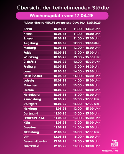 Übersicht der teilnehmenden Städte Berlin 10.05.25 11:00 - 13:30 Uhr Kassel 10.05.25 11:00 - 14:00 Uhr Speyer 10.05.25 11:00 - 13:00 Uhr Augsburg 10.05.25 12:00 - 13:30Uhr Marburg 10.05.25 12:00 - 18:00 Uhr Fulda 10.05.25 13:00 - 15:00 Uhr Würzburg 10.05.25 13.00 - 15.00 Uhr Bielefeld 10.05.25 13.00 - 15:30 Uhr Freiburg 10.05.25 13:00 - 14:30 Uhr Jena 10.05.25 14.00 - 15:00 Uhr Halle (Saale) 10.05.25 14:00 - 16:00 Uhr Leipzig 10.05.25 14:00 - 16:00 Uhr München 10.05.25 15:00 - 18:00 Uhr Husum 10.05.25 15:00 - 16:00 Uhr Heidelberg 10.05.25 16:00 - 18:00 Uhr Ravensburg 10.05.25 15:00 - 17:00 Uhr Stuttgart 10.05.25 15:00 - 17:00 Uhr Hamburg 11.05.25 12:00 - 15:00 Uhr Dortmund 11.05.25 13:00 - 15:00 Uhr Frankfurt a.M. 11.05.25 13:00 - 15:00 Uhr Köln 11.05.25 13:00 - 16:00 Uhr Dresden 11.05.25 14:00 - 15:00 Uhr Oldenburg 12.05.25 15:00 - 17:00 Uhr Ulm 12.05.25 16:00 - 18:00 Uhr Dessau-Rosslau 12.05.25 16:00 - 18:00 Uhr Greifswald 12.05.25 16:00 - 19:00 Uhr