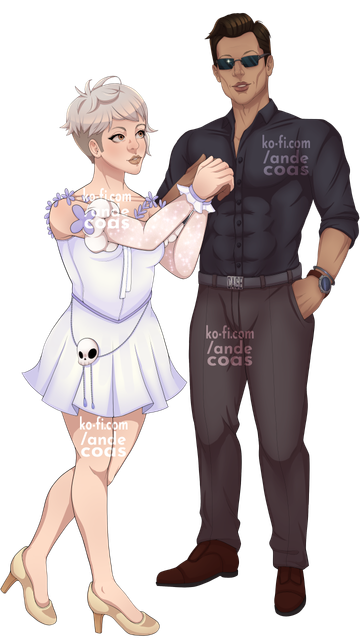 A drawing of a friend's oc holding hands with Johnny Cage from Mortal Kombat
