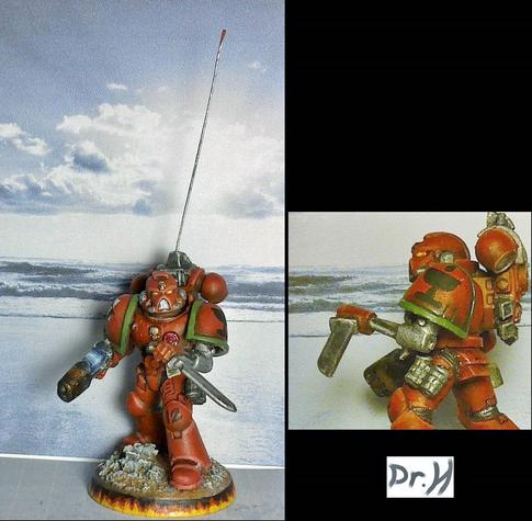 Front view of the Blood Drinkers space marine, and a close up of the bionic arm.