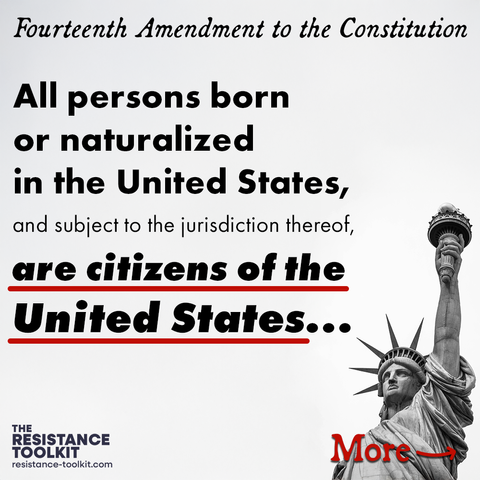 Text reads "Fourteenth Amendment to the Constitution: All persons born or naturalized in the United States, and subject to the jurisdiction thereof, are citizens of the United States..." The Statue of Liberty peaks in from the bottom right corner.