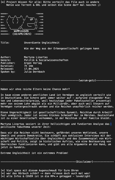A digital image featuring a text-based layout that includes details about a work titled "Undervierte Ungleichheit" by Martyna Linartas. It covers themes of social and political inequality, discussing wealth distribution in Germany and societal implications. The image