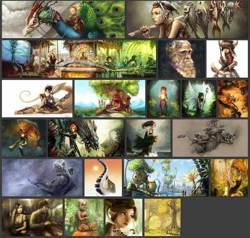 Screenshot of a gallery of thumbnail of artworks, around 25 of them. The theme: fantasy, with dragons, elves, etc...