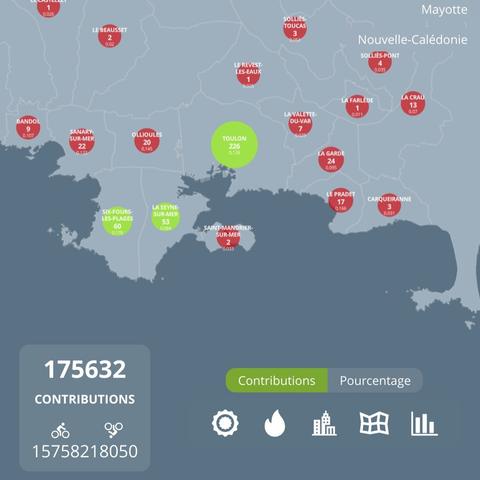 carte de résultats du baromètre vélo, avec le marker de La Seyne-sur-Mer désormais en vert.