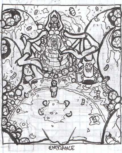 Black and white concept art showing a giant, crowned insect in a room filled with egg sacks.