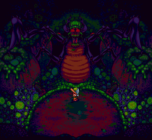 A screenshot from Octopus City Blues where the main character, equipped with a baseball bat, faces a giant, angry insect.